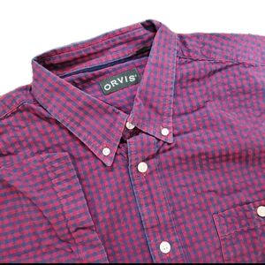 Orvis Seer Sucker Button Down Shirt Men 2XL Short Sleeve Check red blue S/S XXL